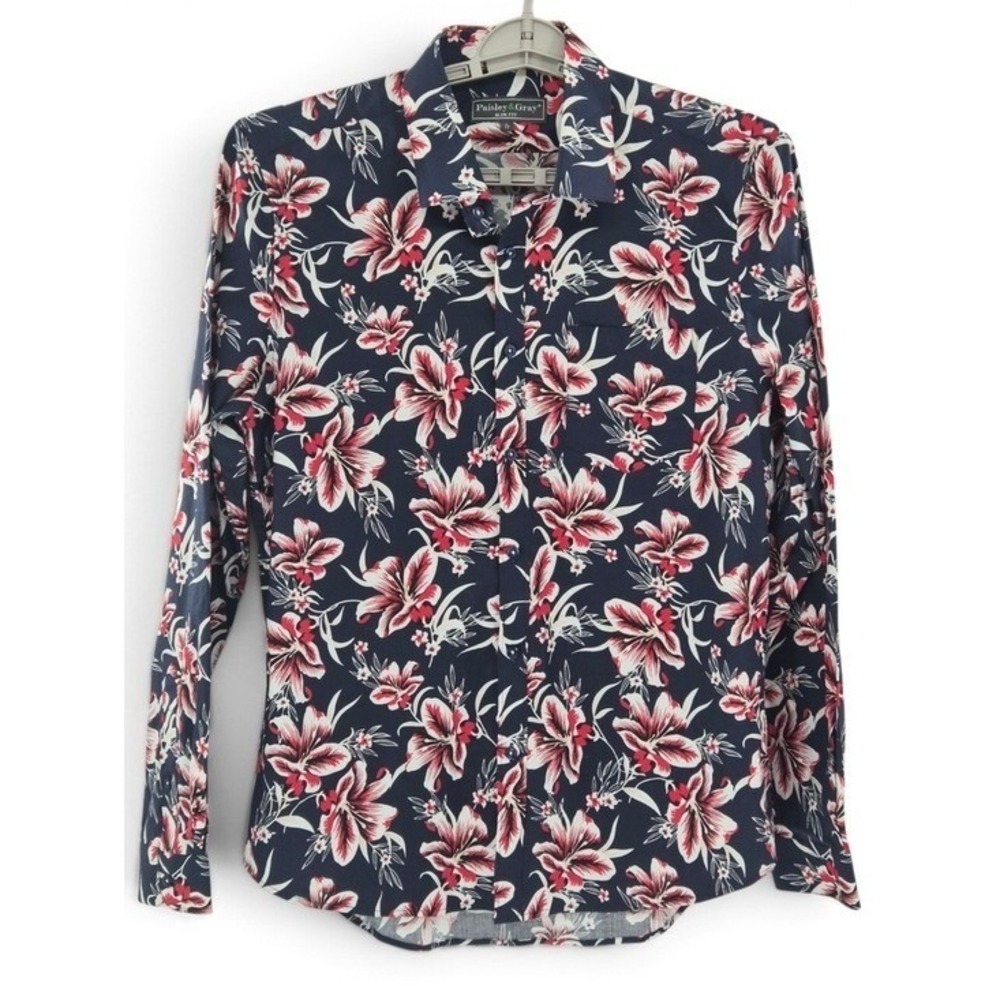 Paisley & Gray Button Down Mens Large Navy Floral Slim Fit Long Sleeve Shirt